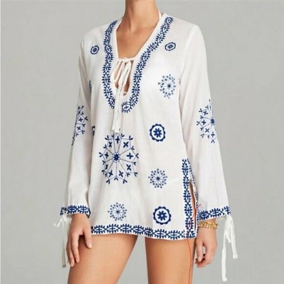 Surf Gypsy White & Embroidered Blue Long Sleeve Cotton Coverup Boho Tunic Top - Picture 1 of 12